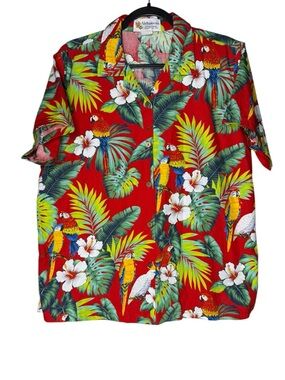 Alohawears Hawaiian Shirt Women Large Red Parrot Floral Tropical Camp Resort USA